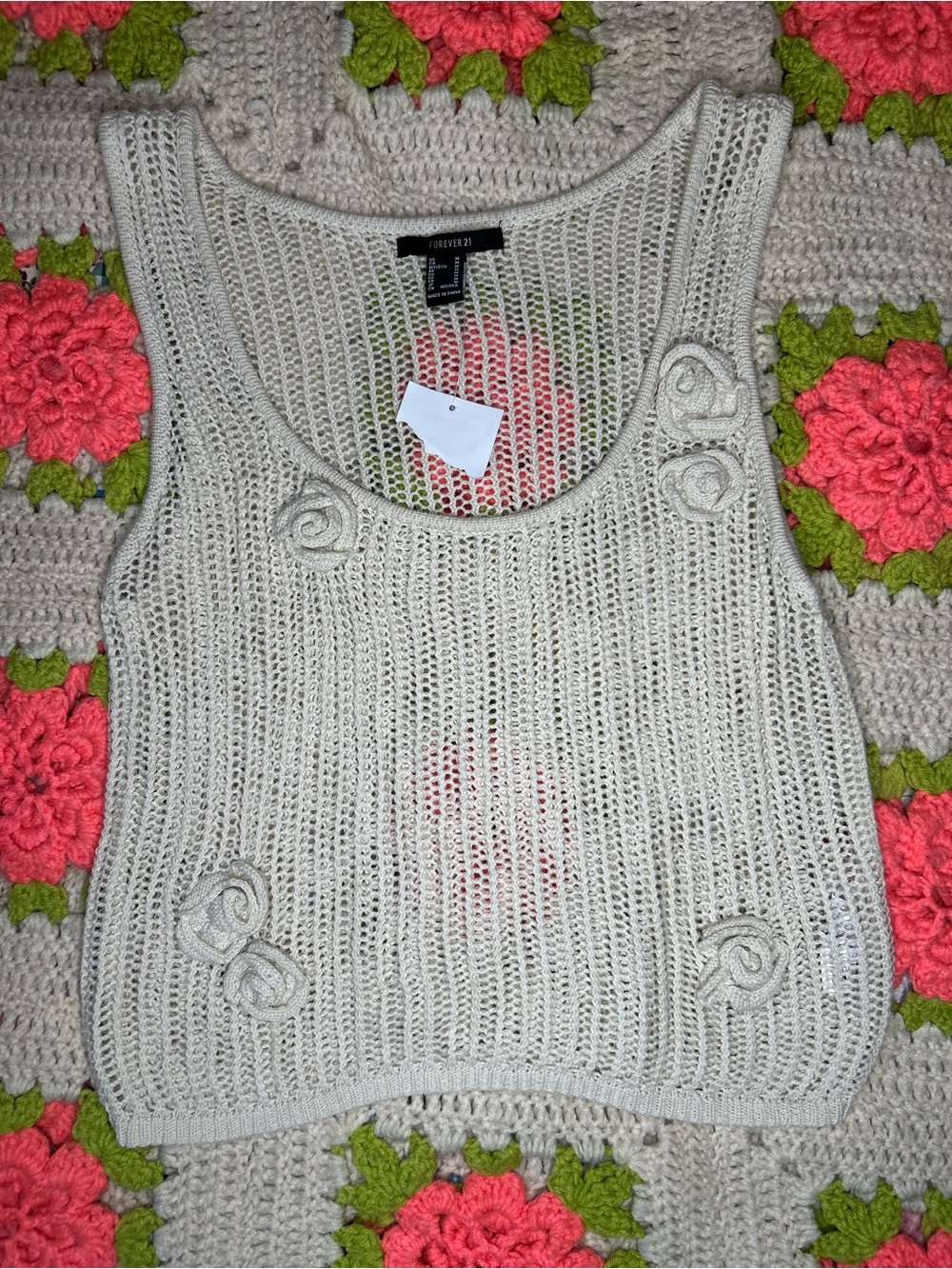 Forever 21 Beige Open-Knit Tank with Rosette Appliqués